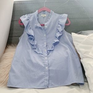 Blue Pinstriped Blouse w/ Frill Sleeves - Large